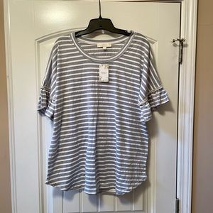 NWT, Suzanne Betro, 3/4 sleeve, light blue & white top, with pearl trim